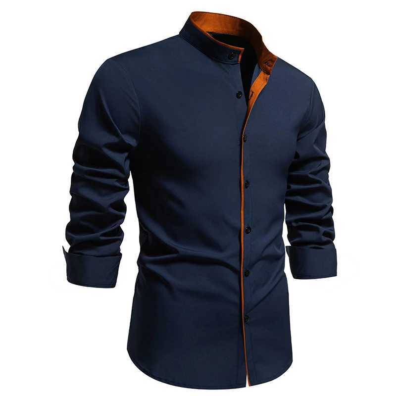 Spring and autumn mens longsleeved solid color shirt standup collar comfortable buttondown fashionable slim shirt X250903