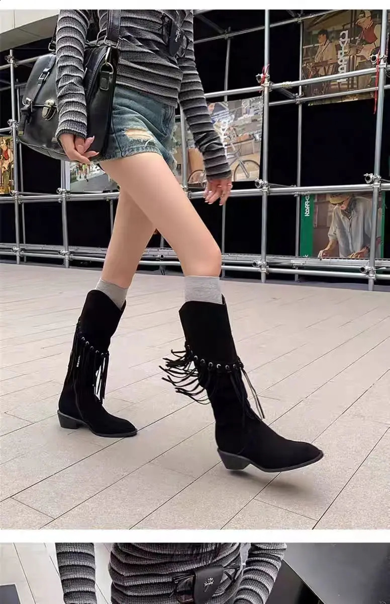 French Vintage Brown Leather Fringed Cowboy Boots Womens Maillard Boots Prairie Wear Knight Boots 250903