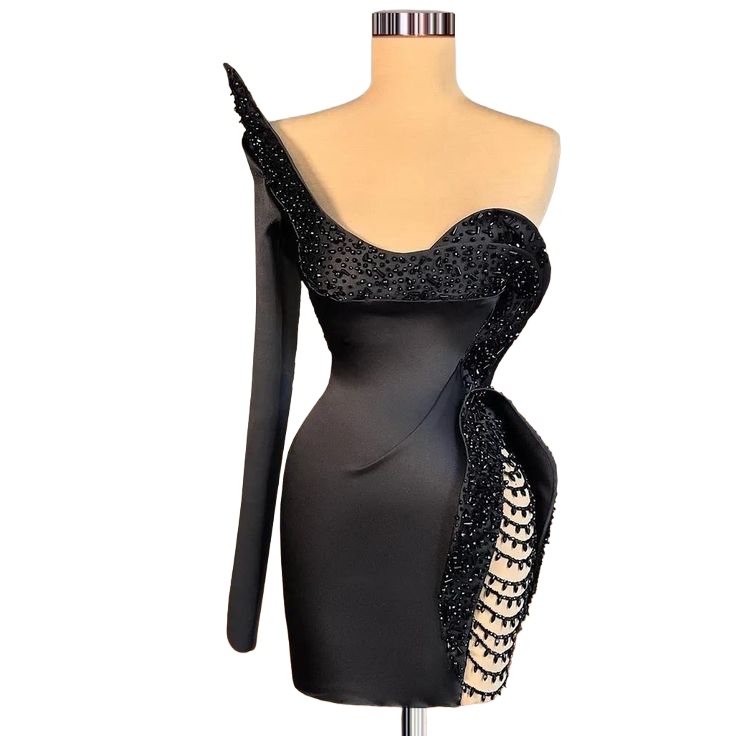 Chic Black Sheath Cocktail Dress One Shoulder Satin Beaded Crystals Short Mini Graduation Homecoming Dresses For Special Occasions Sweetheart Gowns