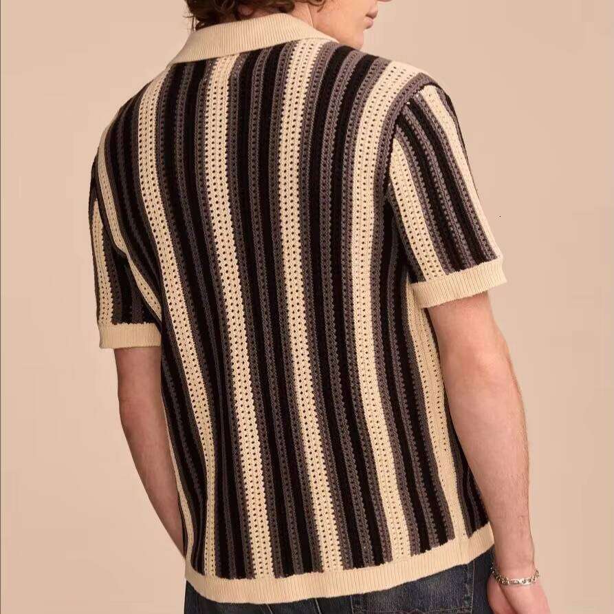 Men's Summer Casual Striped Skeleton Knit Short Sleeve Polo Shirt Comfortable Breathable Made by Viscose Fiber Manufacturer