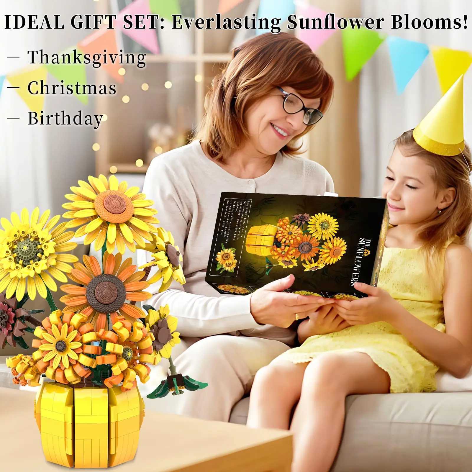 1009PCS Sunflower Building Blocks Flower Bouquet Vase Model Bricks Set Home Decoration Ideas Kids Educational Toys Holiday Gifts G250903