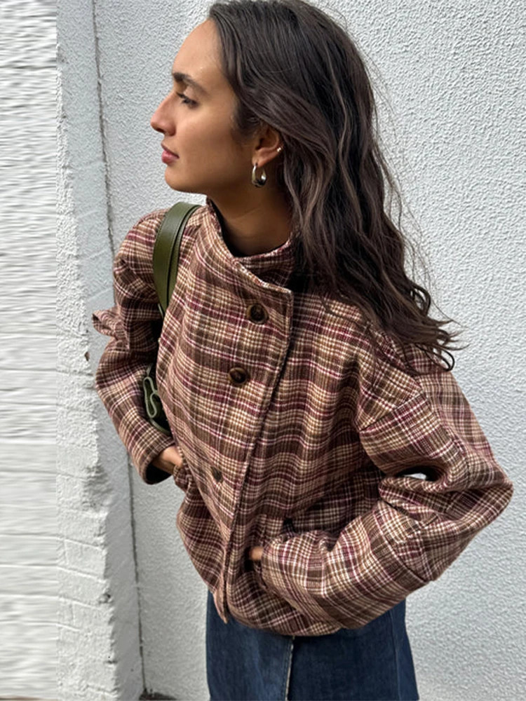 Plaid Wool Blend Stand Collar Jacket Single Breasted Long Sleeve 2025 Autumn Elegant Women Coat Vintage Preppy Lady Chic Outfit 250903