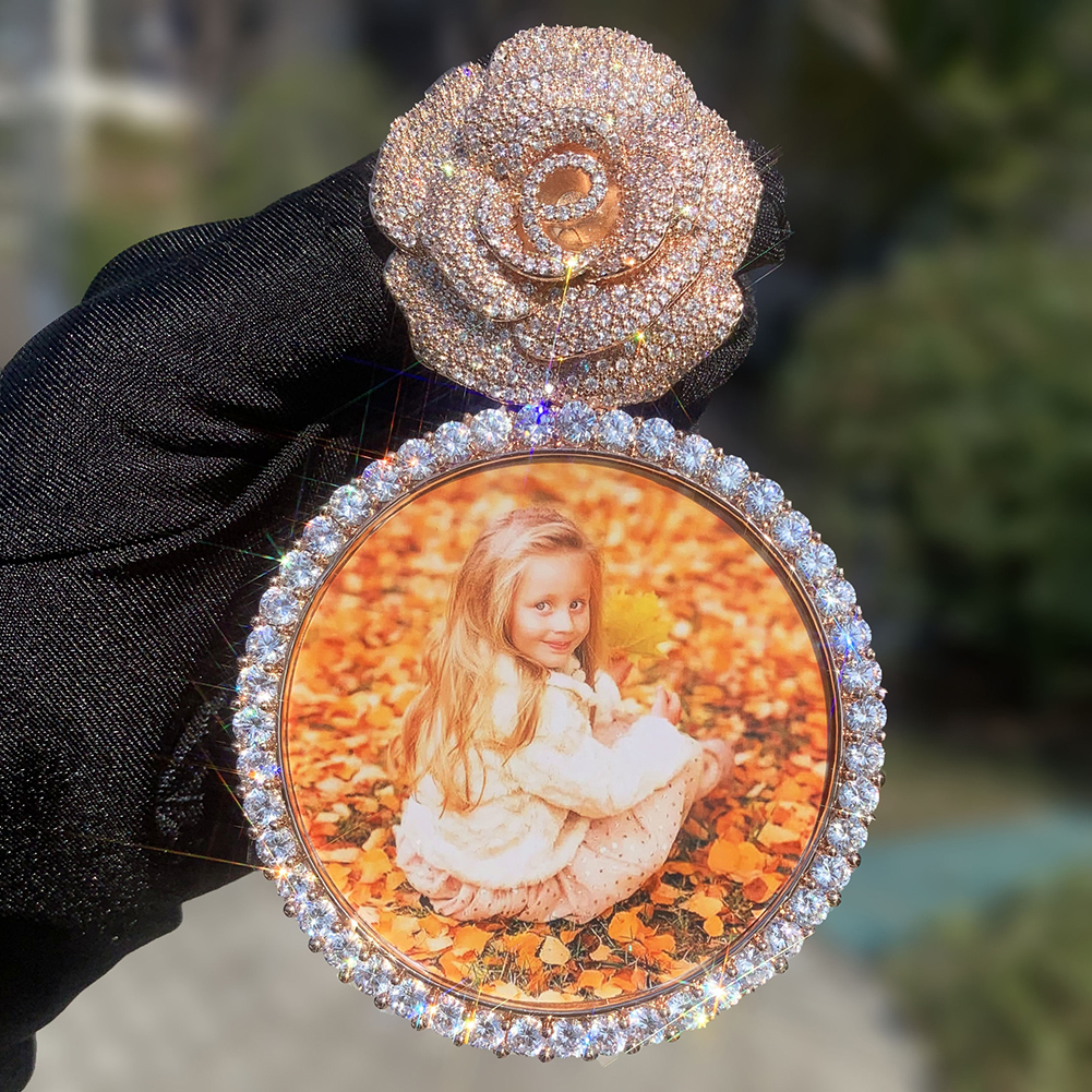 Custom Photo Pendant Necklace Rose Flower Round Memorial Frame Medal Jewelry