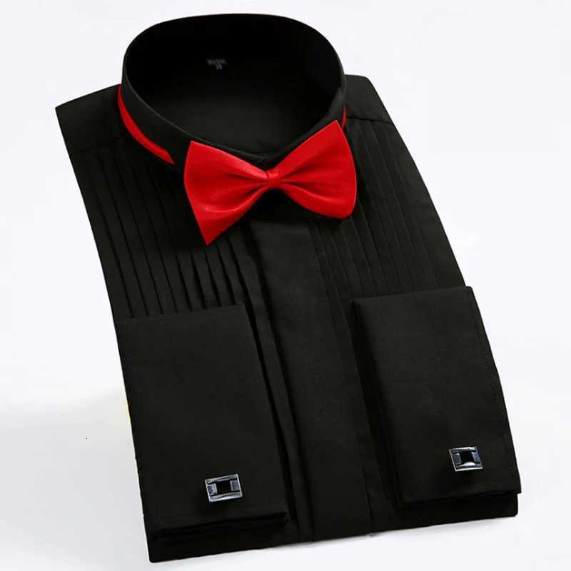 Classic Winged Collar Dress Shirt Mens Wingtip Tuxedo Formal Shirts with Red Black Bow Tie Party Dinner Wedding Bridegroom Tops X250903