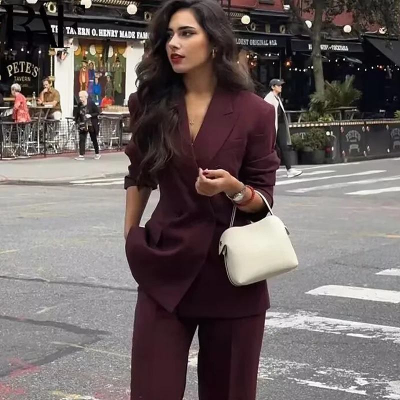 TRAF Womens Blazer Outerwears Office Wear Women Suit Jacket Autumn Long Sleeve Burgundy Blazers Formal Woman Minimalist Blazer 250903
