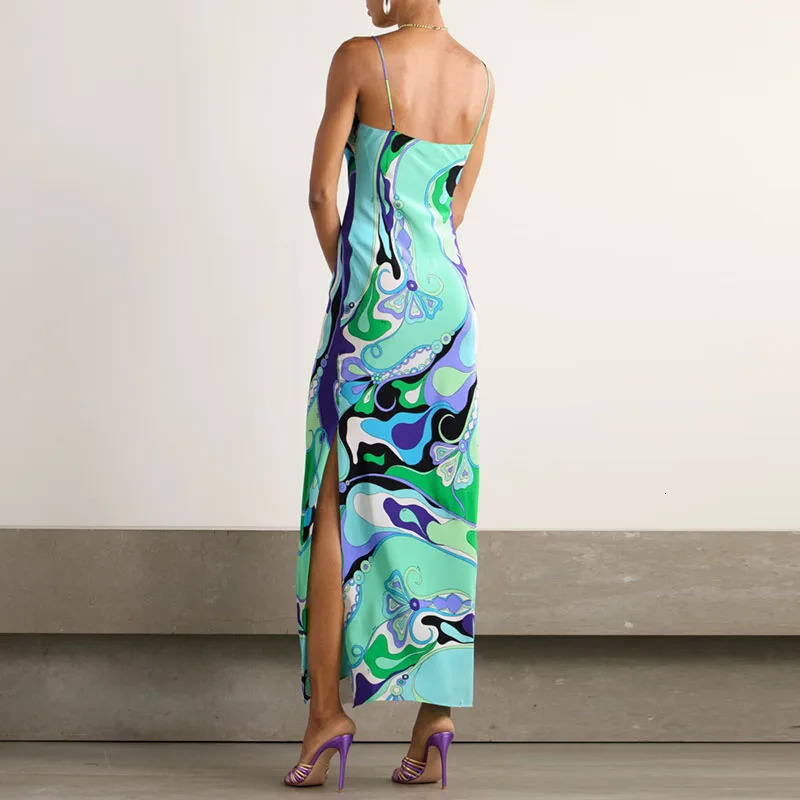 Vestidos Mujer Spring Print Vintage Party Dress Woman Sexy V Neck Backless Hollow Long Dresses Summer Sleeveless Slit Boho Dress 250903