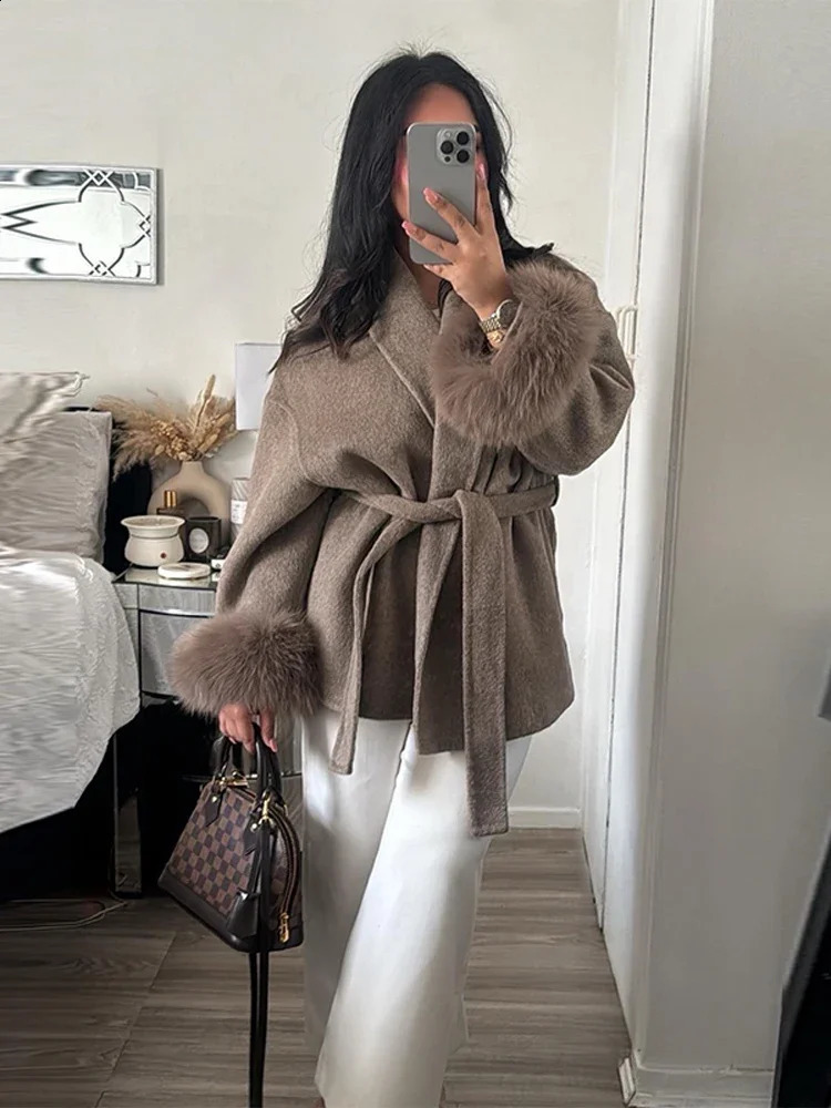 Elegant Lace Up Woolen Short Coat Solid Loose Lapel Furry Belt Long Sleeve Female Jacket 2025 Autumn Winter Lady Chic Cardigan 250903