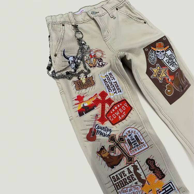 Street Style Pattern Embroidered Loose Fit Denim High-Quality Patchwork Wide-Leg Sweatpants