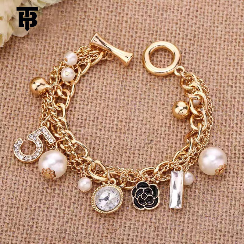 TB BHULAMTE Designer Lady Korean Multi-layer Bracelet Alloy Small Flower Inlaid Diamond Pendant, 5-character European And American Style Metal Chain B