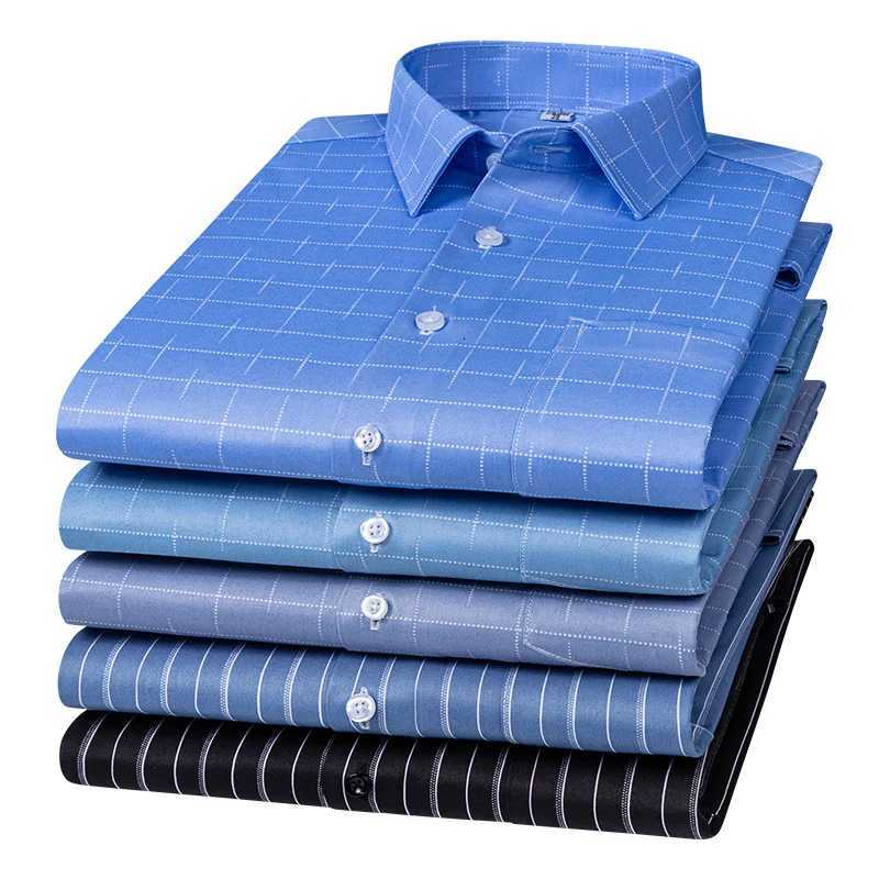 New Stretch AntiWrinkle Stripe Mens Shirts Long Sleeve Dress Shirts For Plaid Men Slim Fit Social Business Blouse Shirt S5XL X250903