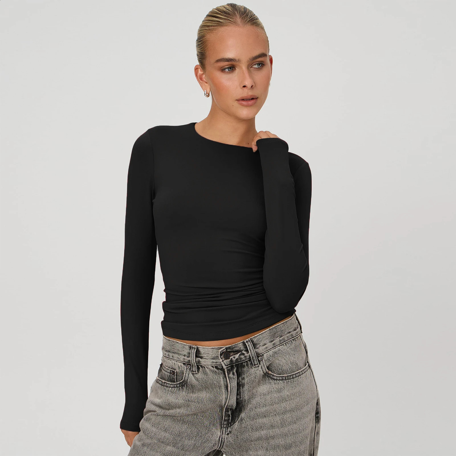 Long Sleeve T Shirt Women Autumn Winter Y2k Crop Top Casual Slim Fit Pullovers Solid O Neck Tshirts Streetwear Female Basic Tee 250903