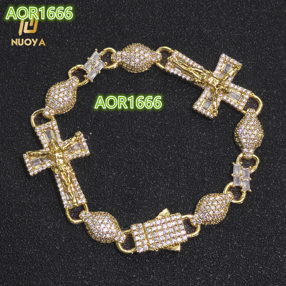 NUOYA Luxury Lab Created Diamond Cross Infinity Bracelet Gold Silver Plated Cuban Link Hip Hop Jewelry Iced Out Baguette Zircon