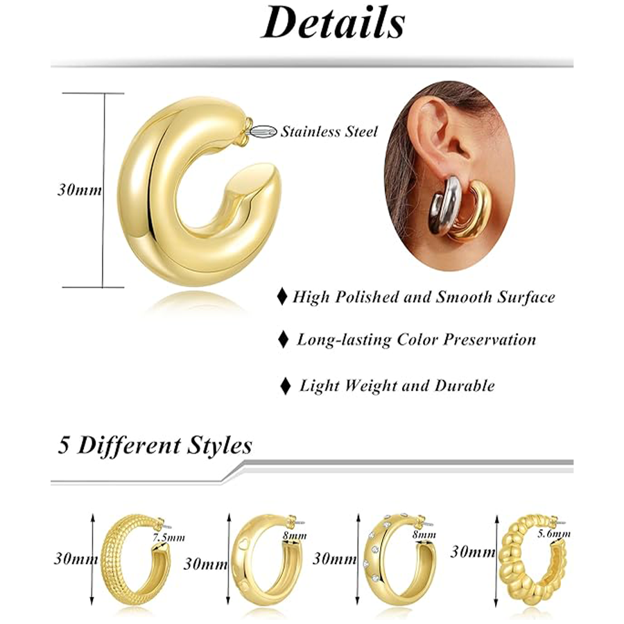 5 Pairs Chunky Hoops Earrings Thick Open Hoop Lightweight Hollow Earrings for Women Trendy Jewelry Gold Tone