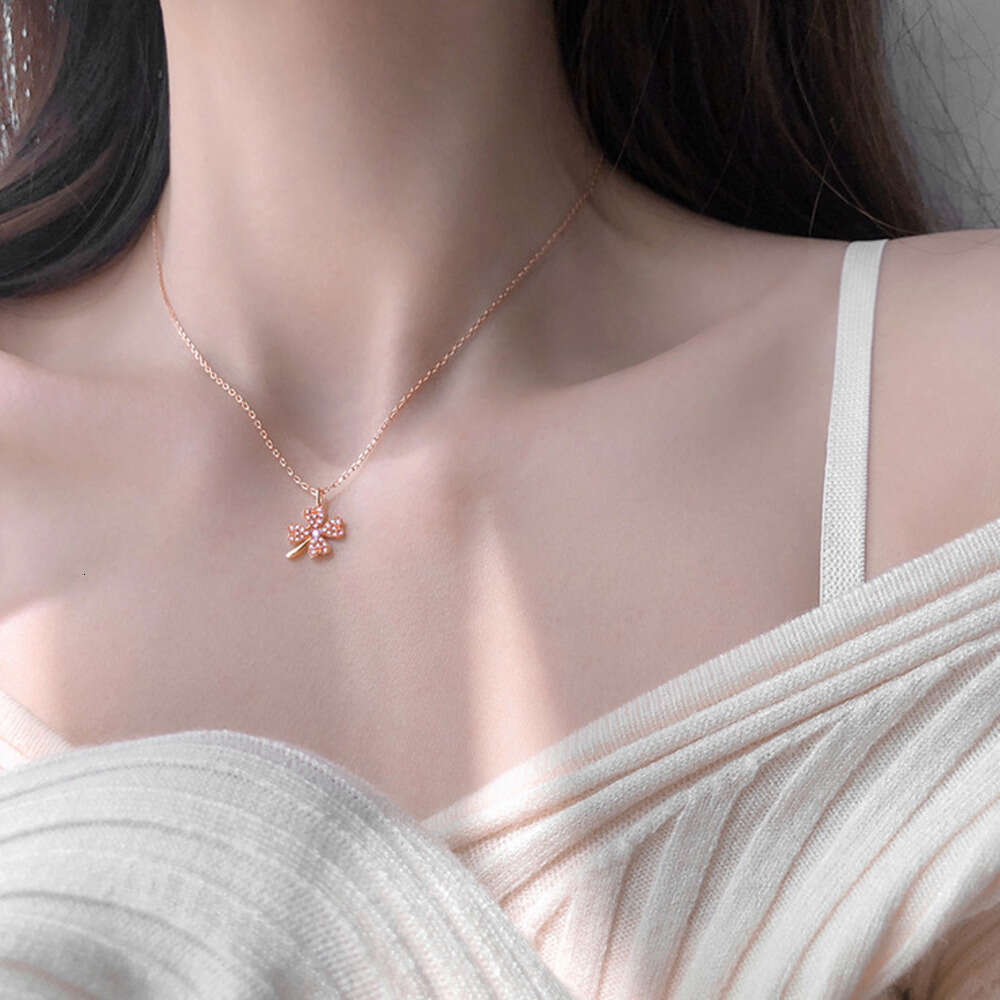 DHpet 2025 Clover Element Necklace for Women, Korean Style Dainty Collarbone Chain, Sparkling Diamond Pendant, 21-50cm Cross Chain, Zhenlu XL062 (Rose