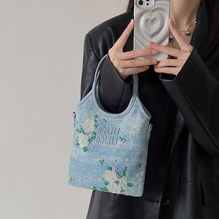 2025 Spring Viral Style Embroidered Denim Tote Women's Small Square Handheld Shoulder Crossbody Bag