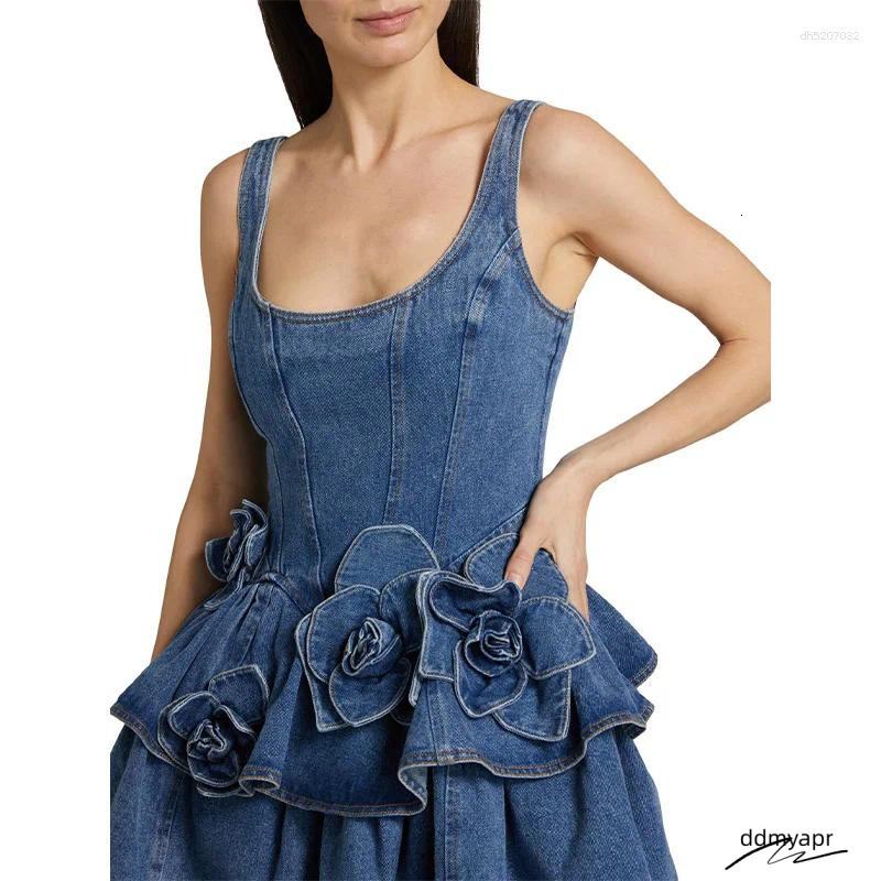 Chic A-Line Mini Dress - 3D Floral Denim Halter Dress, Vintage High Street ddmyaug Style, Perfect For Summer Parties ddmyaug ddmyaug ddmyaug - view 3