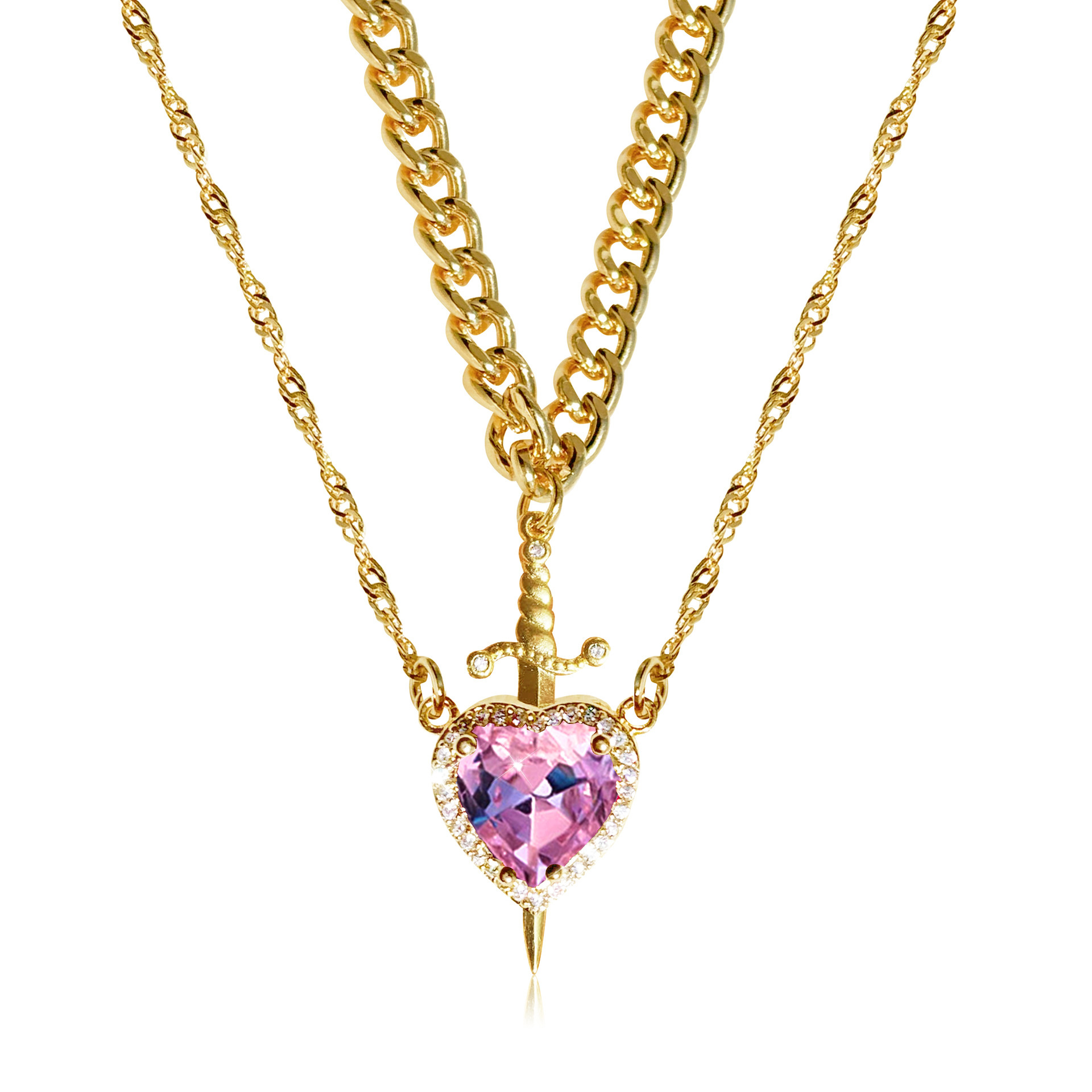 New Stylish and Versatile Heart and Sword Necklace Set Copper Zircon Inlaid One Arrow Through Heart Couples Necklace