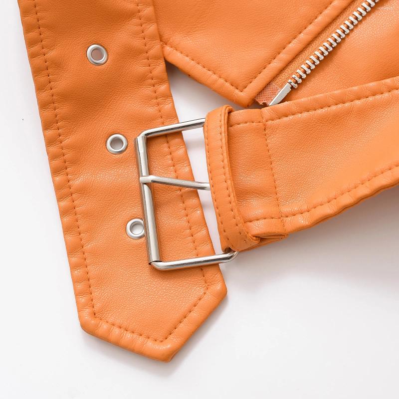 Women's Fur Autumn Winter PU Leather Jacket Lady Lapel Motorcycle Outwear Casual Orange Coat Chic Tops