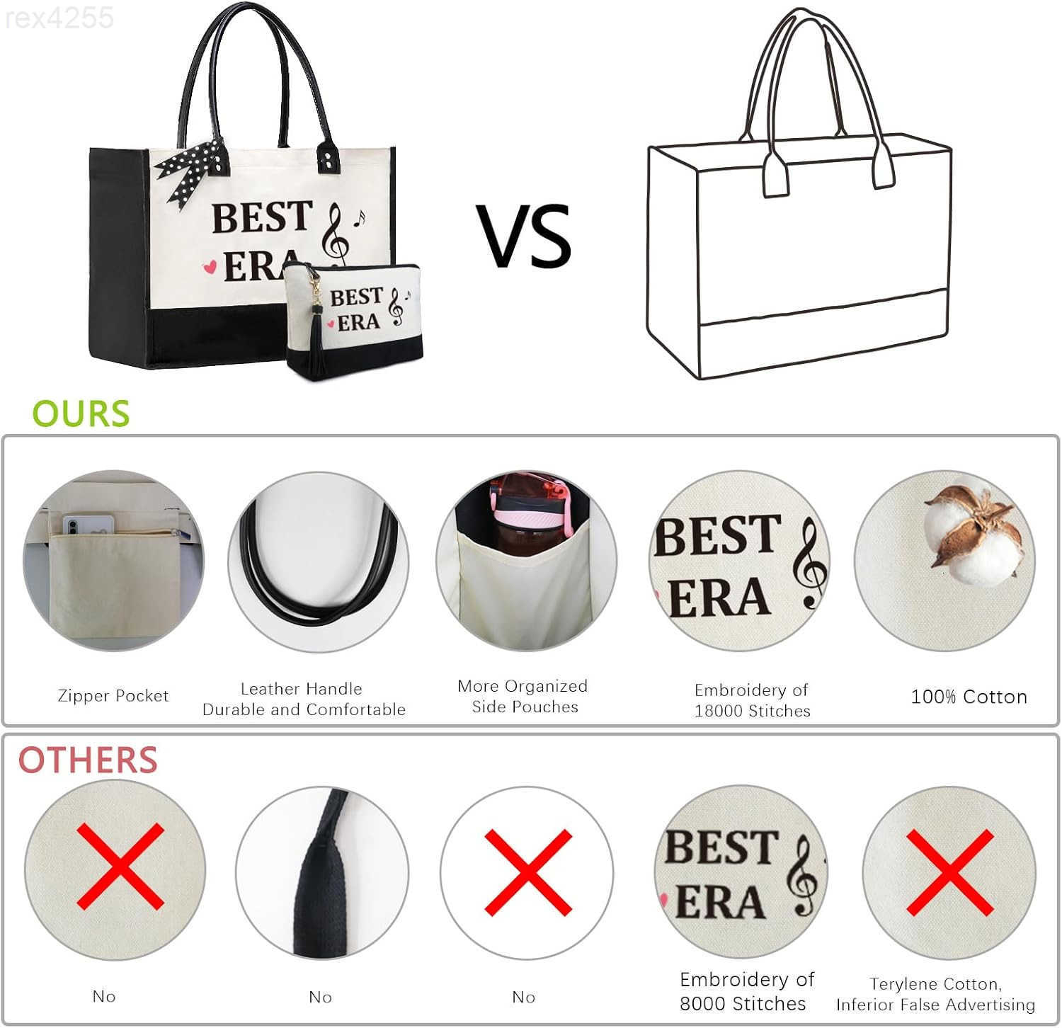 Birthday Gifts Personalized Womens Large White and Black Canvas Tote Bag Embroidered Initials Leather Handle Zipper ClosureW250903