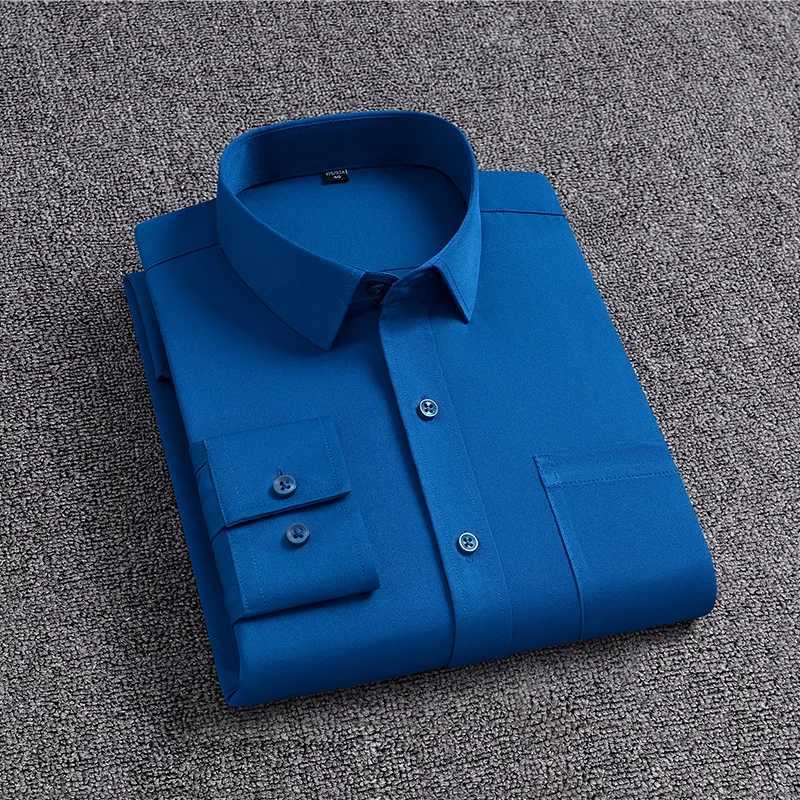 Mens Shirt With Pockets Middleaged Long Sleeve Spring Autumn Casual WrinkleFree FourWay Stretch Business Solid Color Shirt X250903