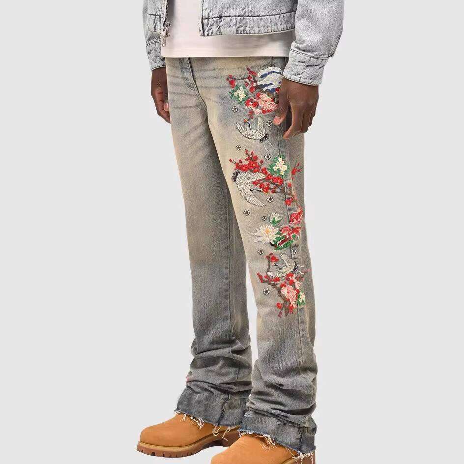 High-Quality Embroidered Printed Men's Washed Loose Jeans Causal Straight Flared Pants Factory