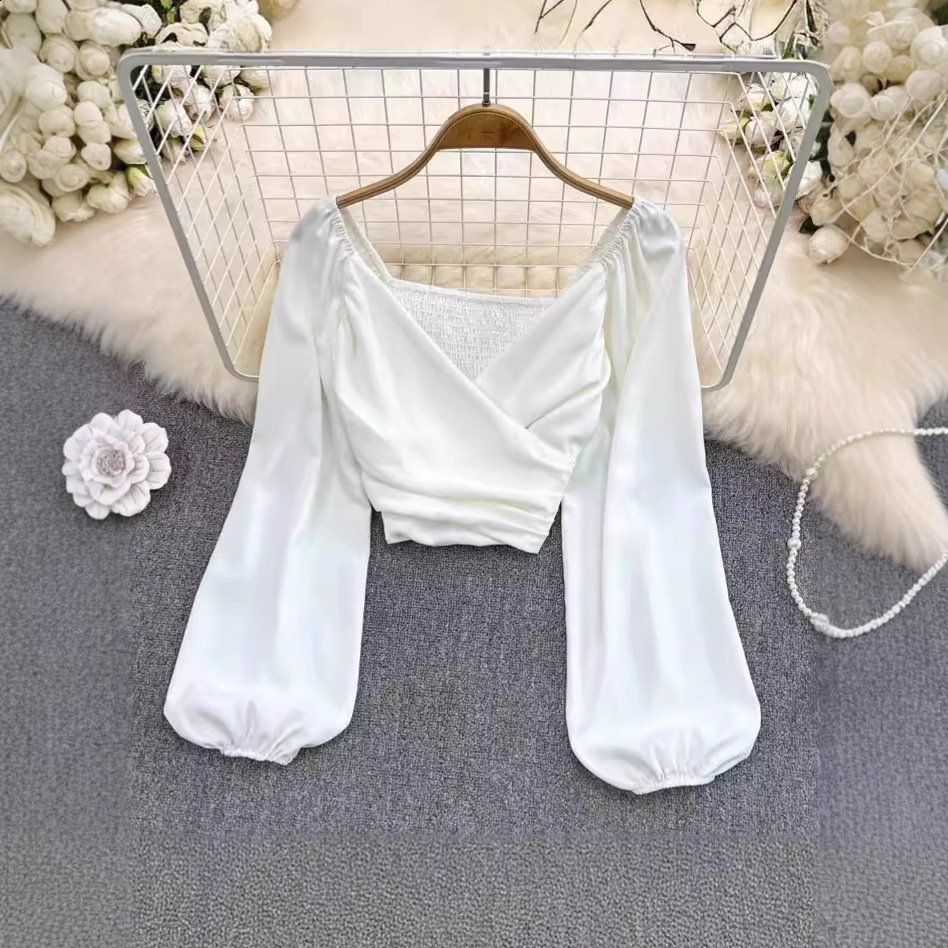 Spring Fashion VNeck Ruched CollarboneExposing Puff Long Sleeve Pullover TShirt for Women Chic and Unique Short Cropped Top 210317