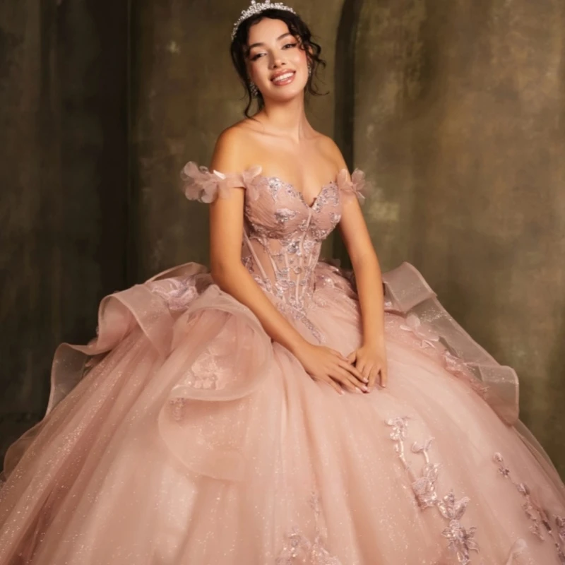 Pink Quinceanera Dresses Ball Gown Off The Shoulder Applique Flower Beads Tull Bow Party Birthday Sweet 16 Dress Vestidos 15 De Anos