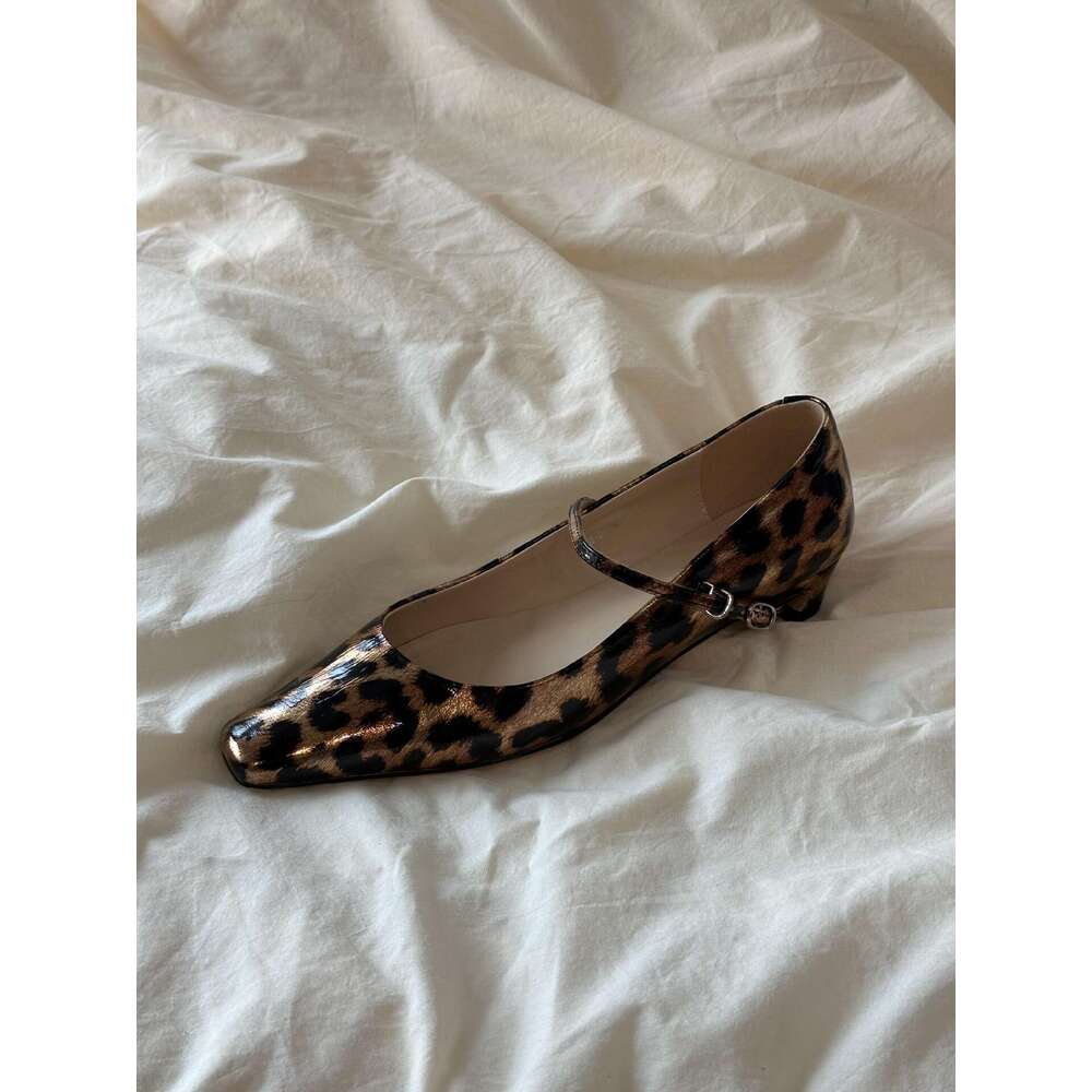 New Autumn Square Toe Designer Shoe Leopard Print One-Strap Mary Jane for Women with Chunky Heels Designer Shoe Genuine Korean Style Small Leather Sho