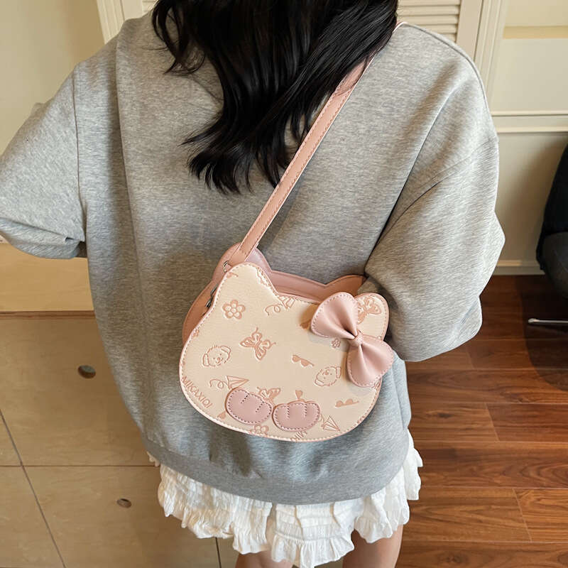 DHpet_wholesale Women's Cat Embossed Bow Bag - Cute Circle Crossbody Purse for Girls, Sweet Shoulder Bag with Zip Closure for Daily Use