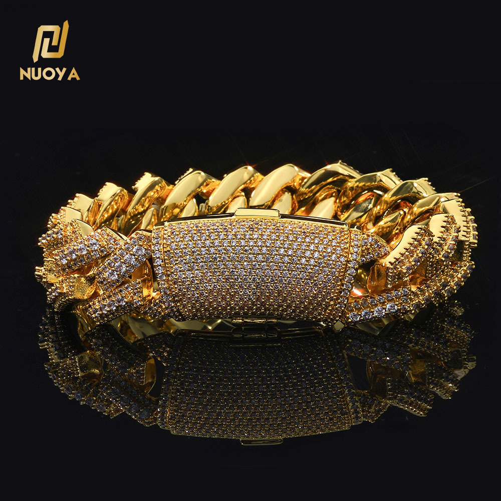 NUOYA Iced Out Moissanite Miami Cuban Link Chain Bracelet 20MM Silver Plated Luxury Hip Hop Chain Fine Jewelry