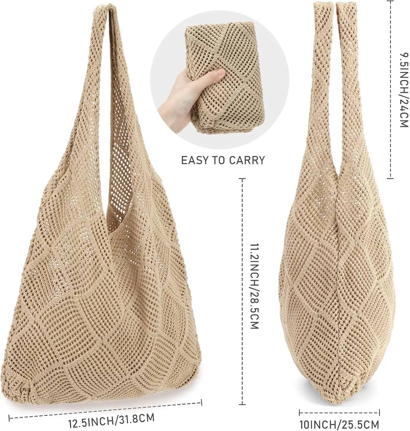 Luxury Handbag Women's Crochet Foldable Woven Summer Beach Handbag, Beautiful Hippie Knitted Hollowed Out Retro Shoulder Bag Handbag