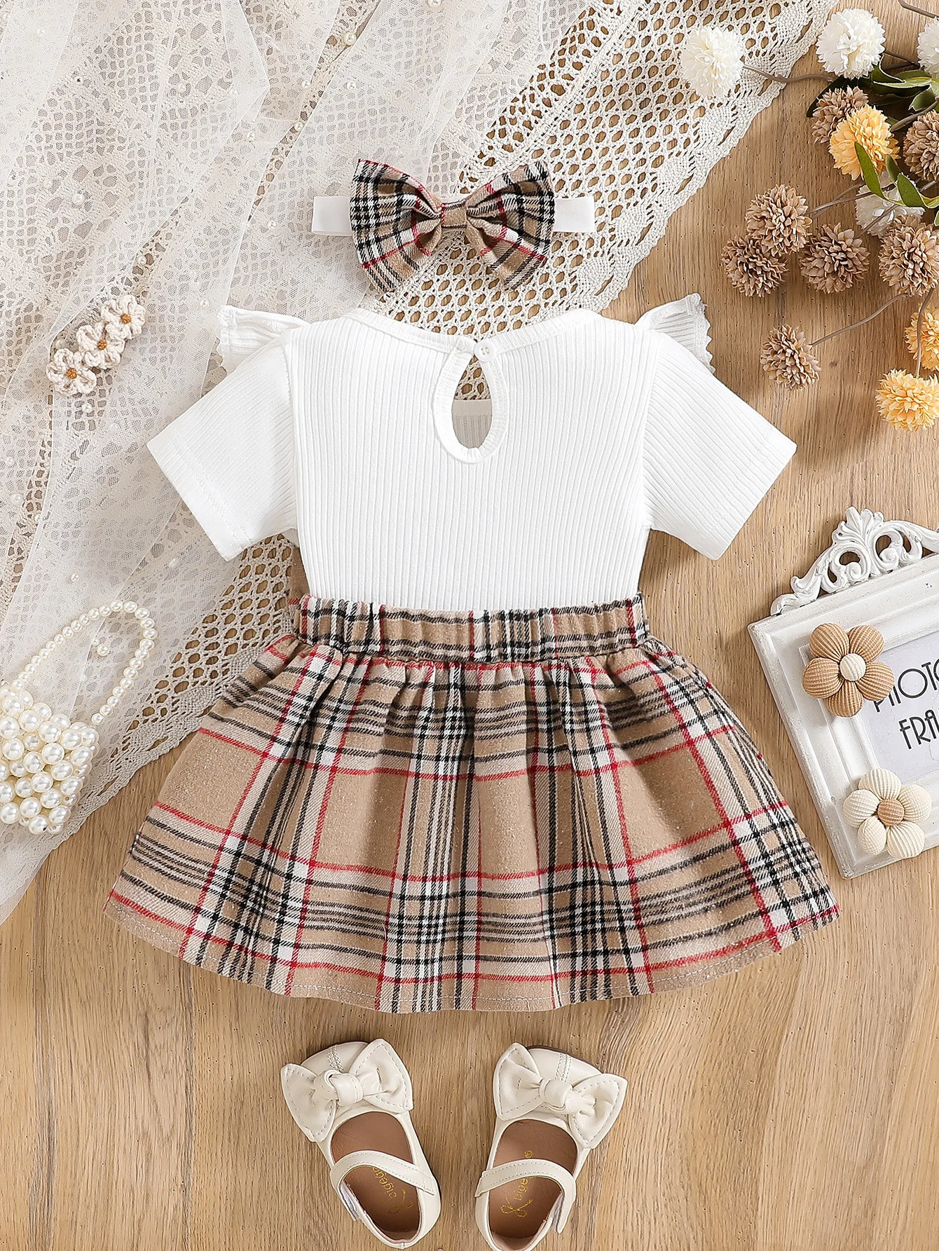 Baby Girl Summer Fashion Cute Casual Round Neck Ruffle Lace Decoration Short Sleeved Waist Large Bow Plaid Splicing 250902