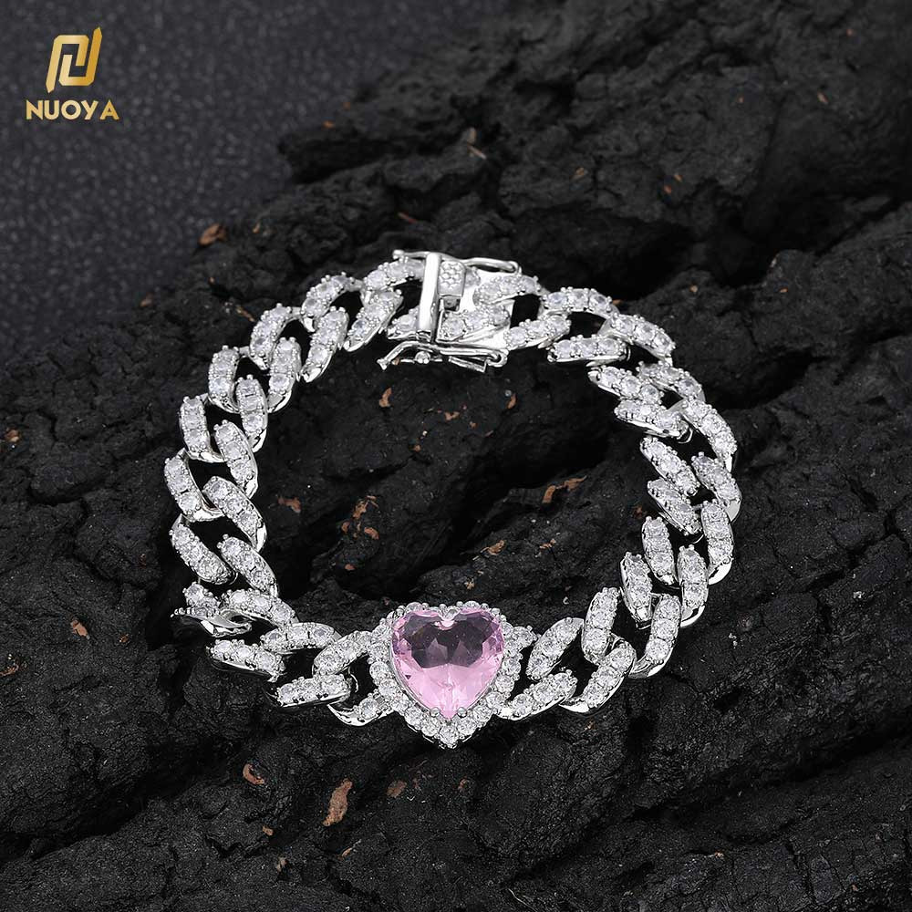 NUOYA 10mm Single Row Cuban Chain Bracelet Iced Out Pink Heart Moissanite Stone Silver Plated Prong Cuban Link Chain Gift for Women