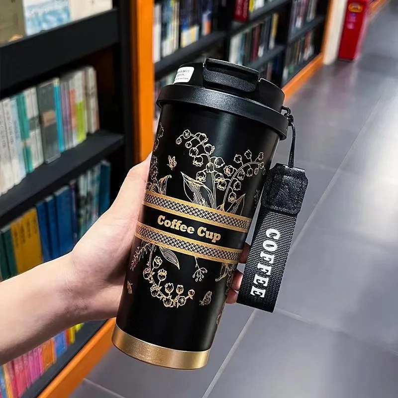 Designer Water Bottle Luxury Crystal Girls Portable Double Wall Vacuum Coffee Cups Travel Mug Stainless SteelThermos Tumbler with Handle Black