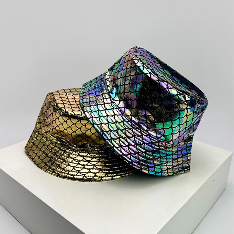 Shiny PU Leather Colorful Bucket Hats Sunshade Unisex Reflective Breathable Fisherman Caps Versatile Double Sided Fashion 250903