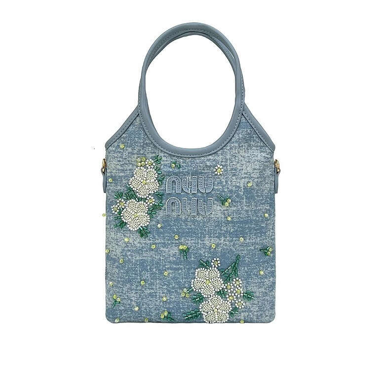 2025 Spring Viral Style Embroidered Denim Tote Women's Small Square Handheld Shoulder Crossbody Bag