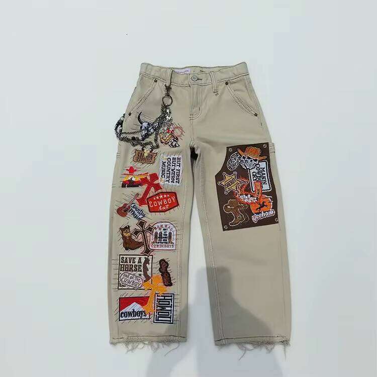 Street Style Pattern Embroidered Loose Fit Denim High-Quality Patchwork Wide-Leg Sweatpants