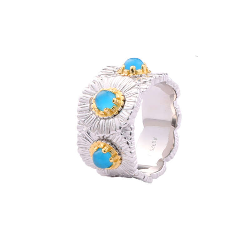 Live Italian Sterling Silver Blue Agate Daisy Ring for Women New High-End Pink Opal