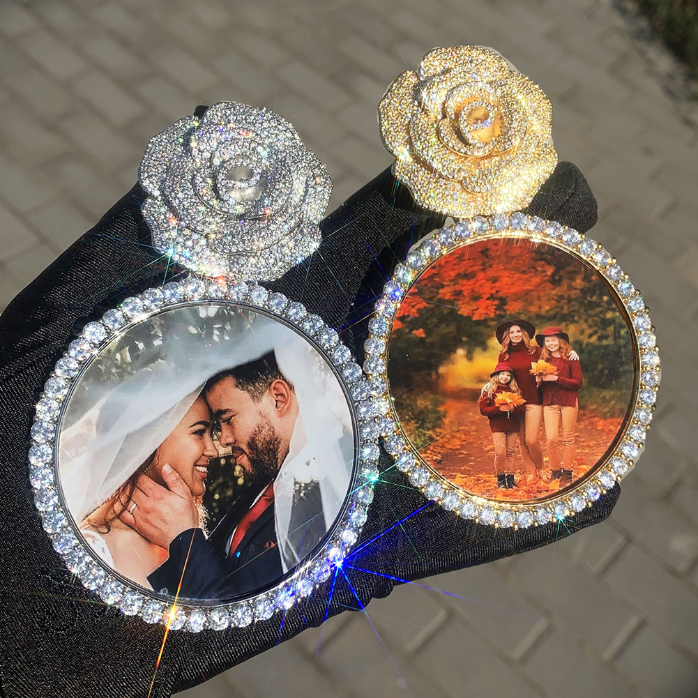 Custom Photo Pendant Necklace Rose Flower Round Memorial Frame Medal Jewelry