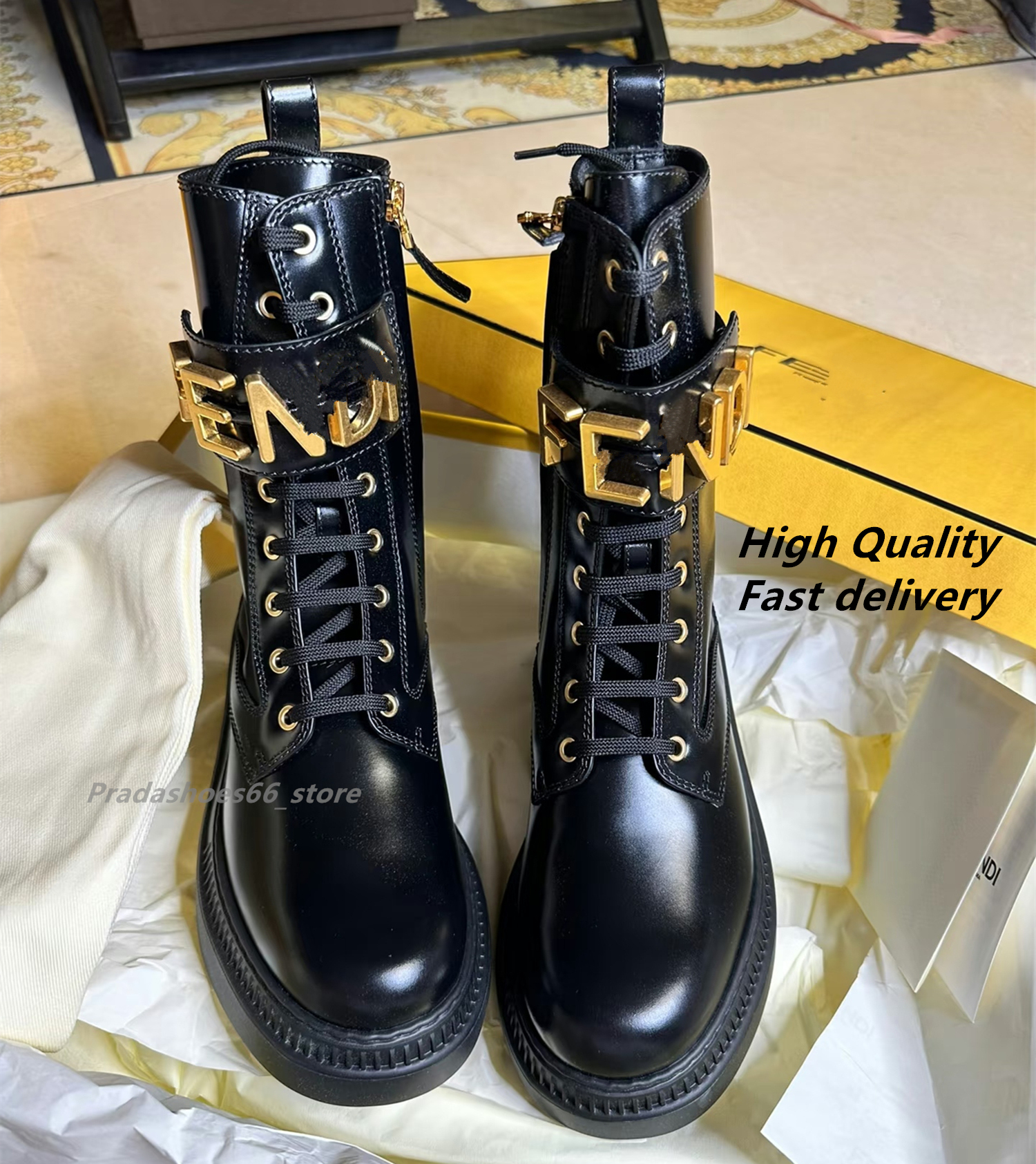 Luxury designer Martins boots ff Lace-up Combat Women Boots fend Chunky Heel Platform Women Boots British Style Thick Sole Increase Height Casual Boots cha ccBoot 5cm