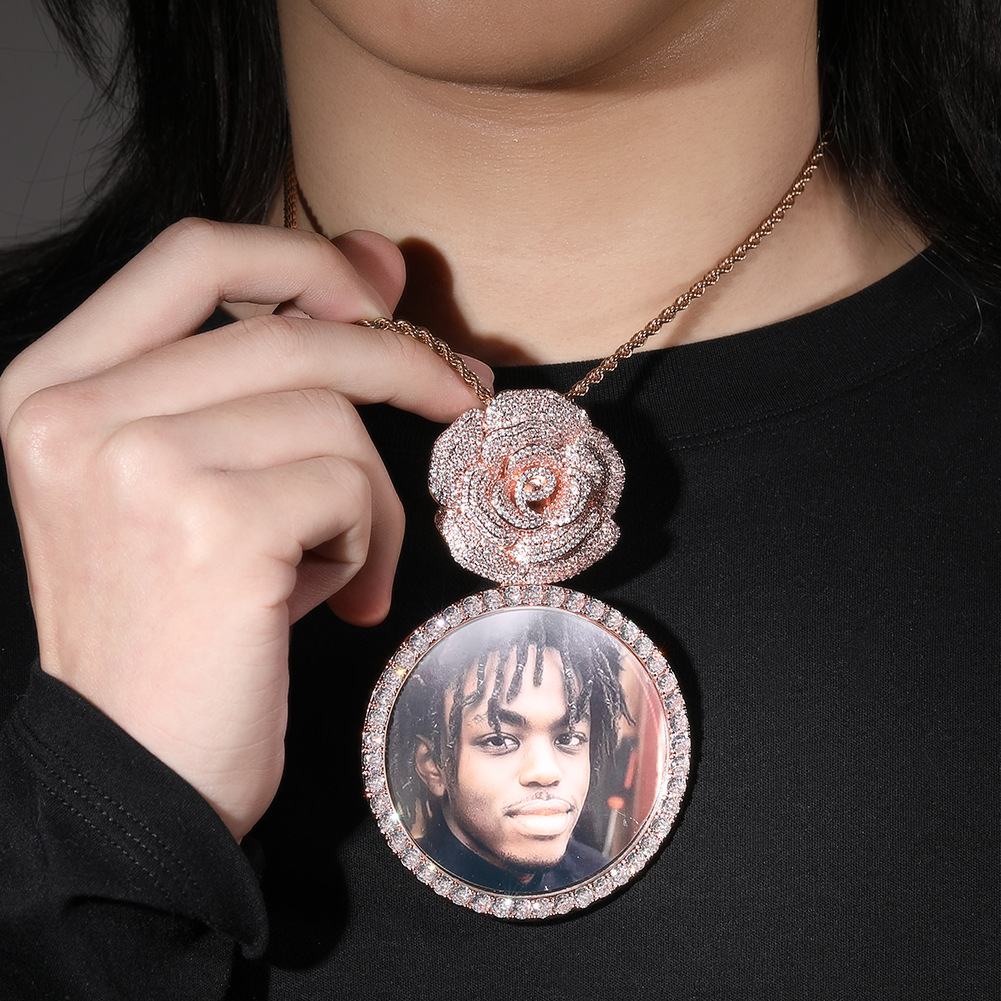 Custom Photo Pendant Necklace Rose Flower Round Memorial Frame Medal Jewelry