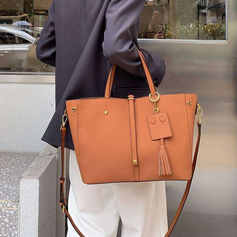 Cowhide Genuine Leather Large Tote Handbags For Women New 2025 Designer Shopper Bucket Work Shoulder Bags