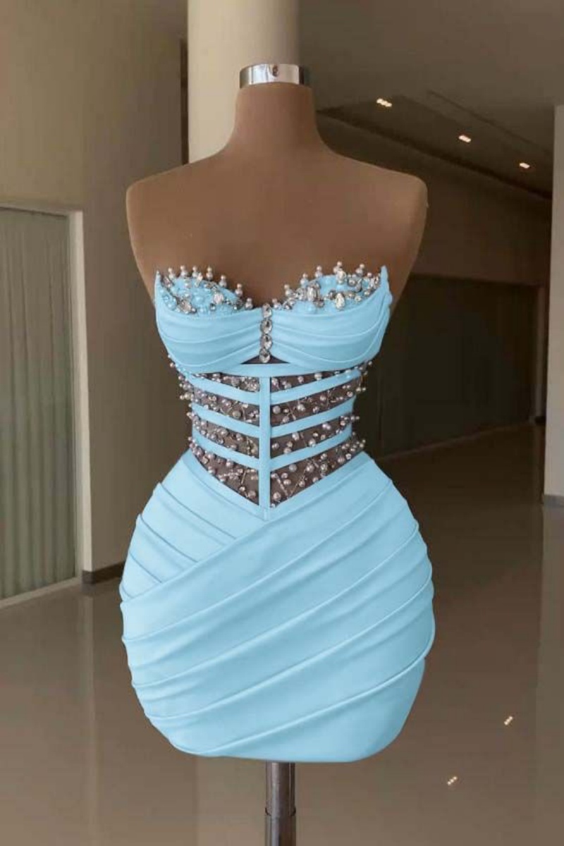 Chic Light Sky Blue Sheath Cocktail Dress Sweetheart Crystals Pearls Short Mini Graduation Homecoming Dresses For Special Occasions Sweetheart Gowns