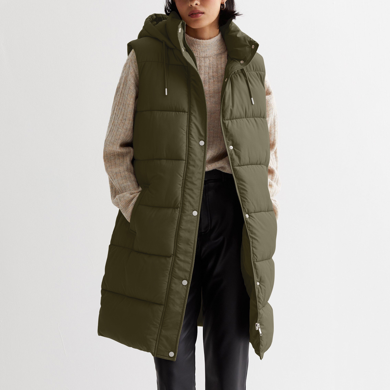 Womens Long Vest Winter Jacket Zip Up Stand Neck Sleeveless Padded Warm Tanks Outwears Ladies Solid Color Hooded Parkas