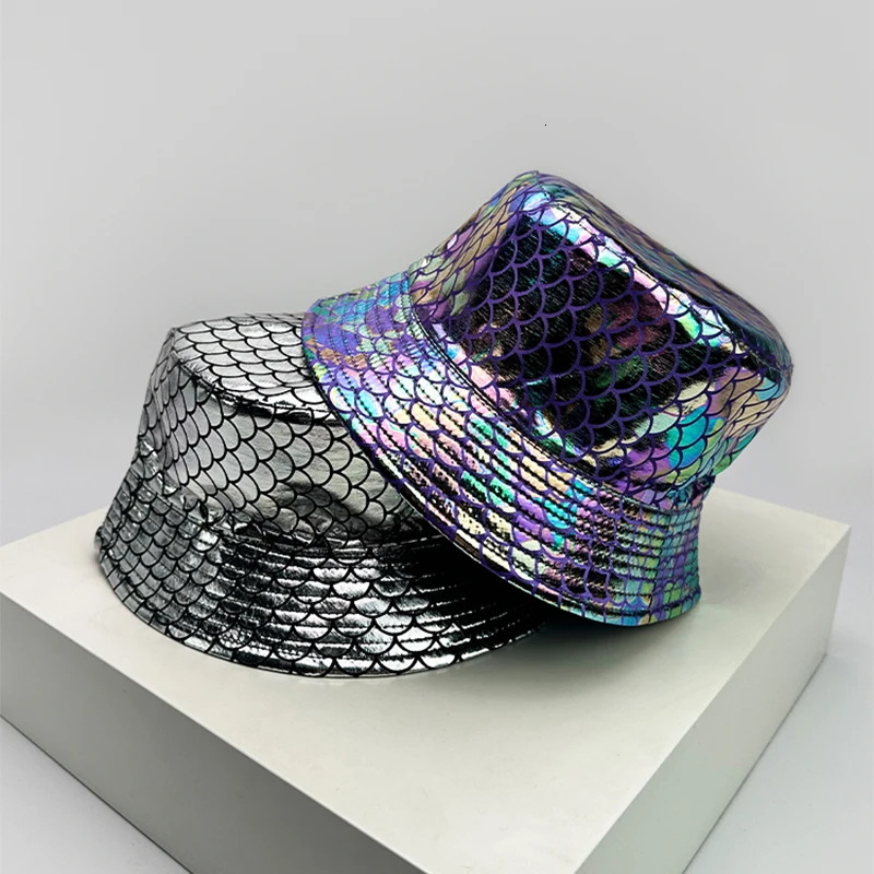 Shiny PU Leather Colorful Bucket Hats Sunshade Unisex Reflective Breathable Fisherman Caps Versatile Double Sided Fashion 250903
