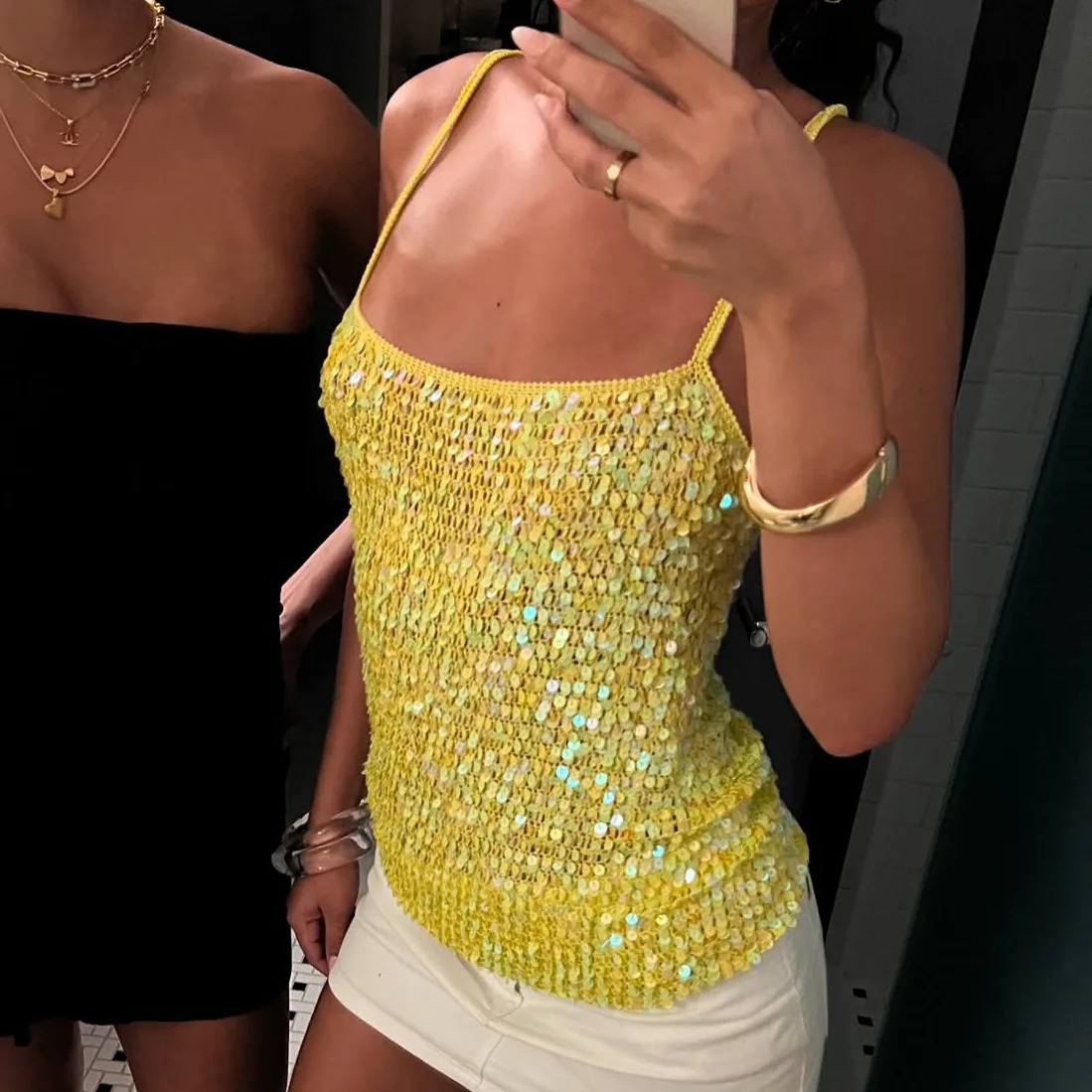 Sequin Embellished Crochet Crop Tops Women Summer Beach Knitted Smocked Camis Sparkly Glitter Backless Coverup Crop Tops Vest 250902