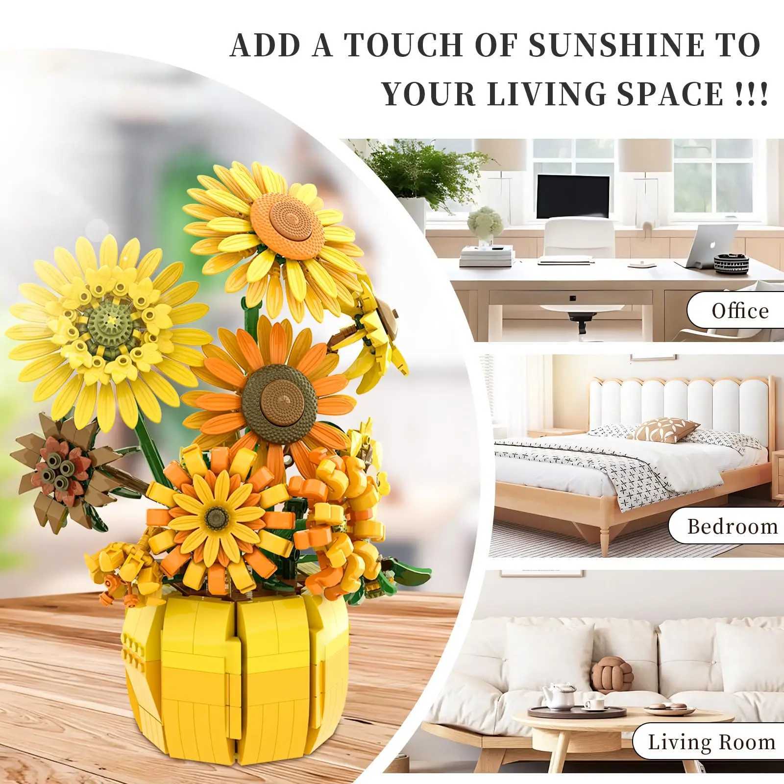 1009PCS Sunflower Building Blocks Flower Bouquet Vase Model Bricks Set Home Decoration Ideas Kids Educational Toys Holiday Gifts G250903
