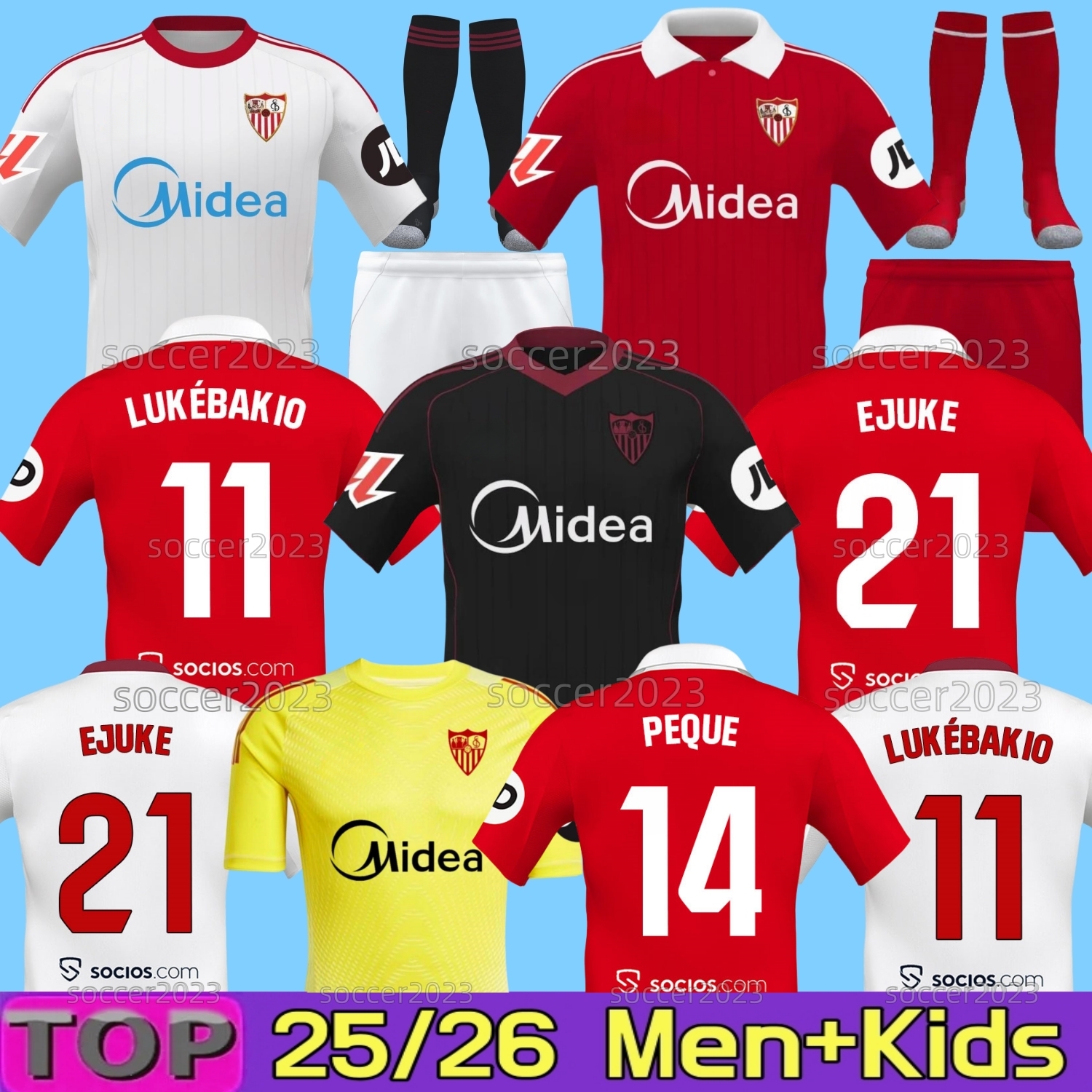 2025 2026 Sevilla soccer jerseys ISAAC SOW FC EJUKE JUANLU LUKEBAKIO PEQUE 25 26 home Away football shirts Men kits Kids L.OCAMPOS SUSO Maillot GUDELJ K.REKIK TECATITO