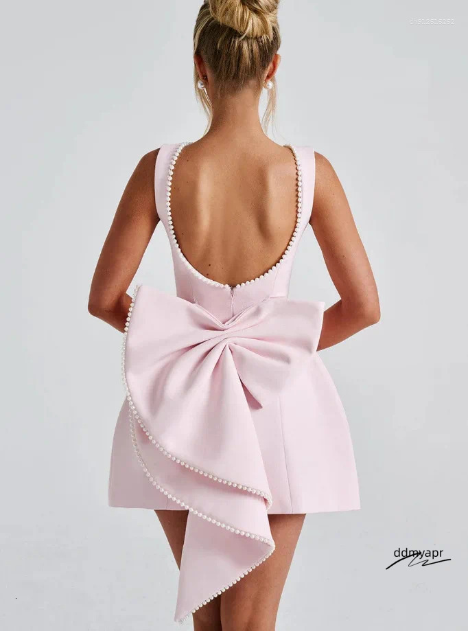 Casual Dresses Elegant Pearl Bow Backless Short Dress Women's Sleeveless Party Cute Mini Black Ddmycrazy White Pink Chic Birthday Evening Y2k