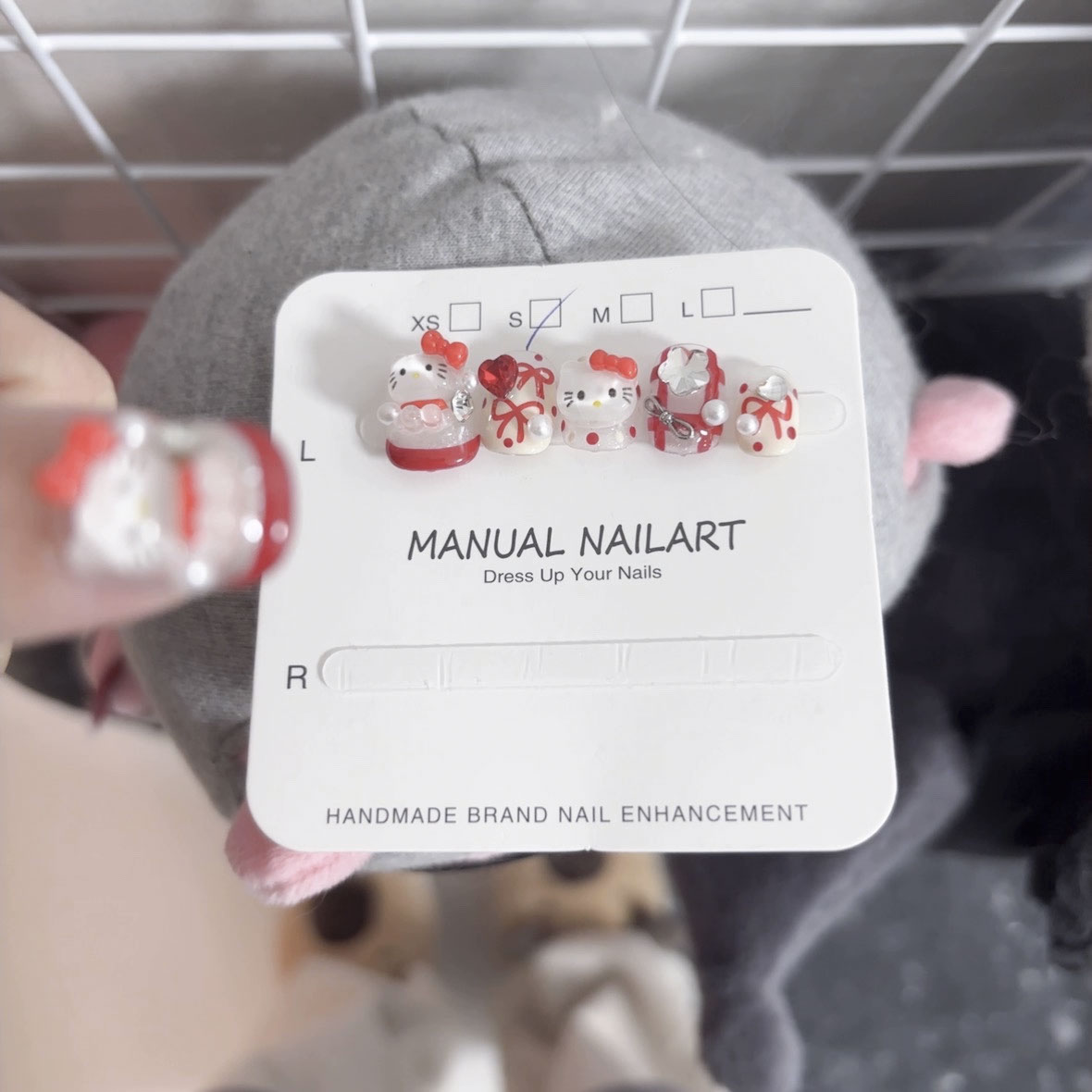 Handmade Press on Nails High end Red French Style with Cartoon Cats, Short Length, Skin-whitening, Cute Adorned with Heart shaped Rhinestones